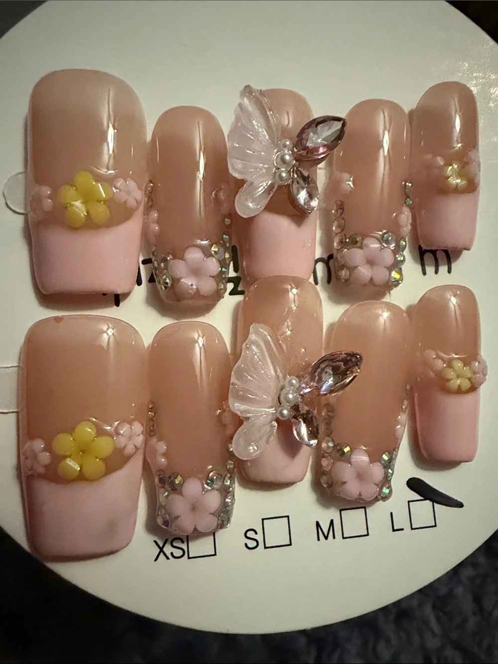 Pink 3D Floral Rhinestone handmade acrylic Press-On Nail Set